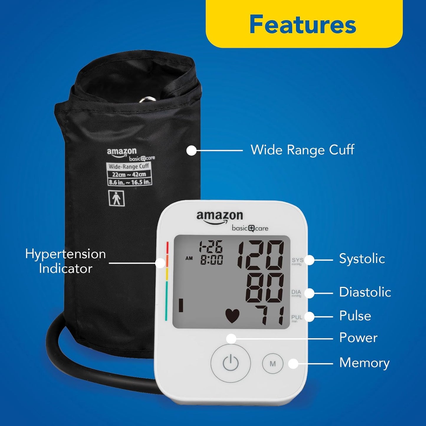 Blood Pressure Monitor, Wide Range Arm Cuff with Intelligent Inflation Technology, Large